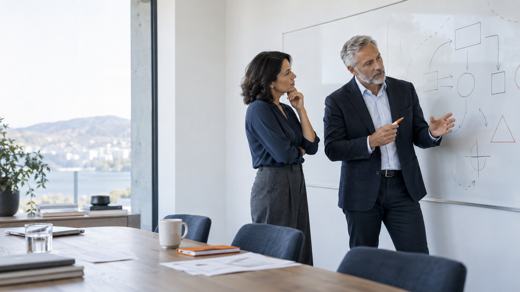 Two senior advisors discussing a product and technology workflow at a whiteboard.